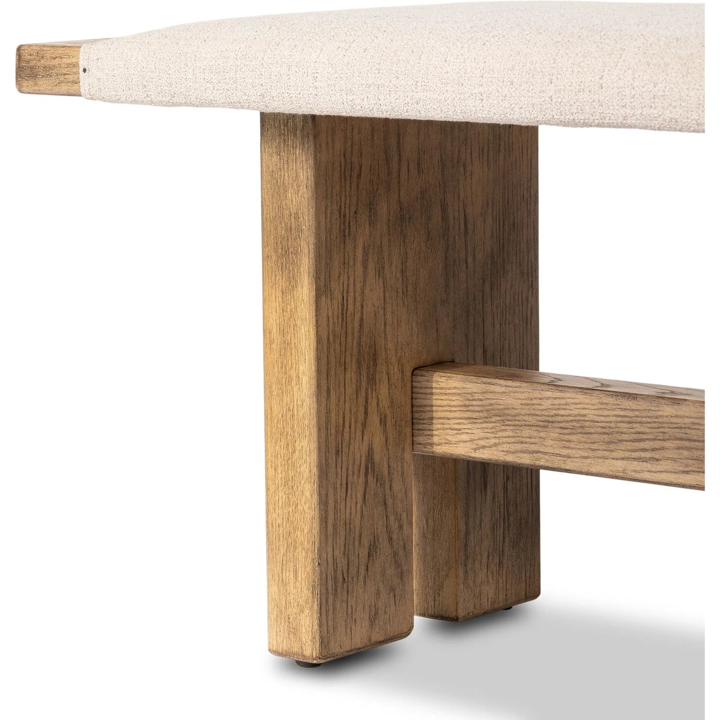 007 SI-2446634 | Closeup | Poe Accent Bench by Four Hands in hampton cream, distressed light oak veneer, black iron. Made from 97% polyester, 2% viscose (rayon), 1% flax/linen, oak veneer, iron in a transitional style.