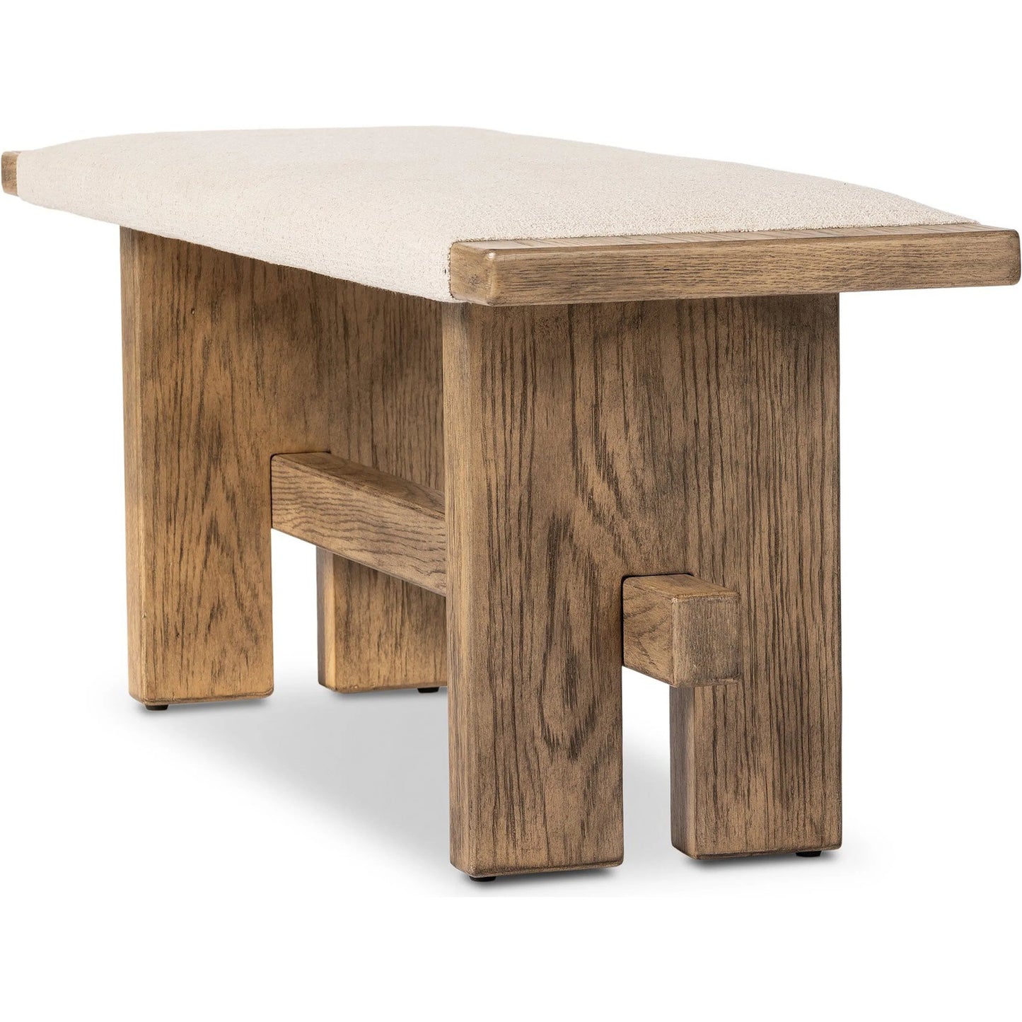 008 SI-2446634 | Closeup | Poe Accent Bench by Four Hands in hampton cream, distressed light oak veneer, black iron. Made from 97% polyester, 2% viscose (rayon), 1% flax/linen, oak veneer, iron in a transitional style.