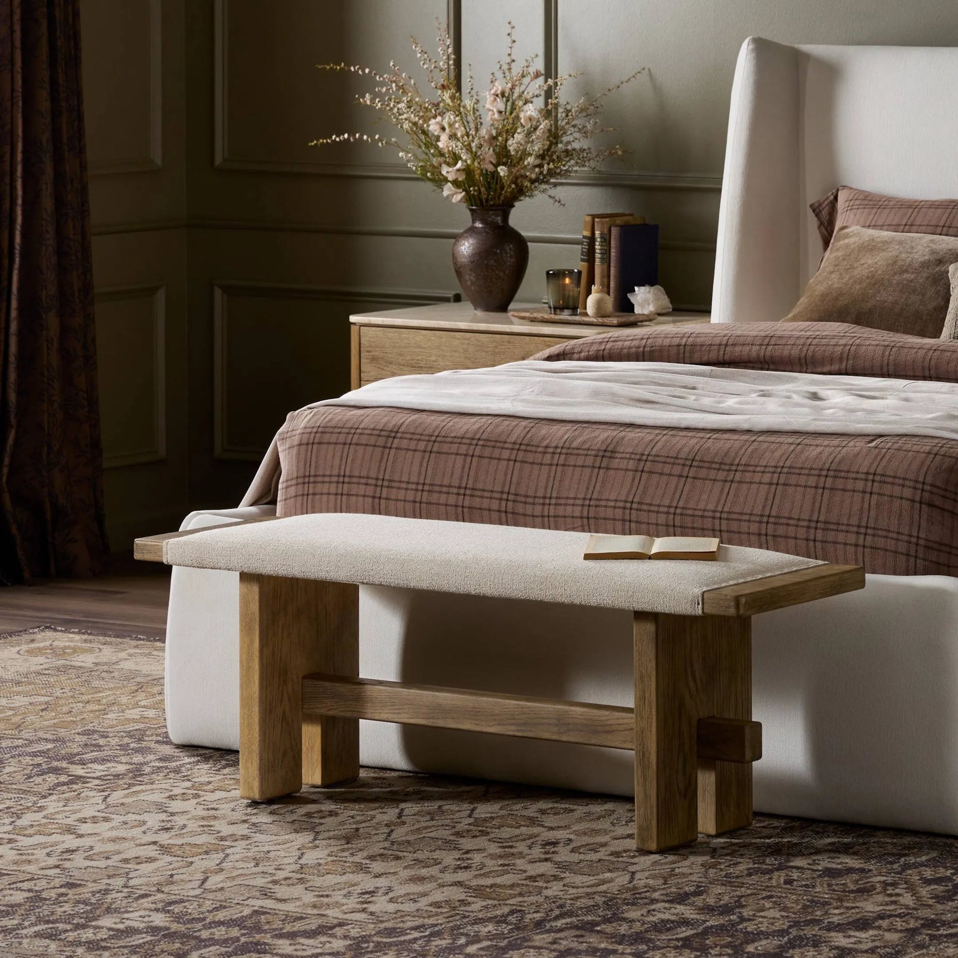 Poe Accent Bench by Four Hands in hampton cream, distressed light oak veneer, black iron. Made from 97% polyester, 2% viscose (rayon), 1% flax/linen, oak veneer, iron in a transitional style.