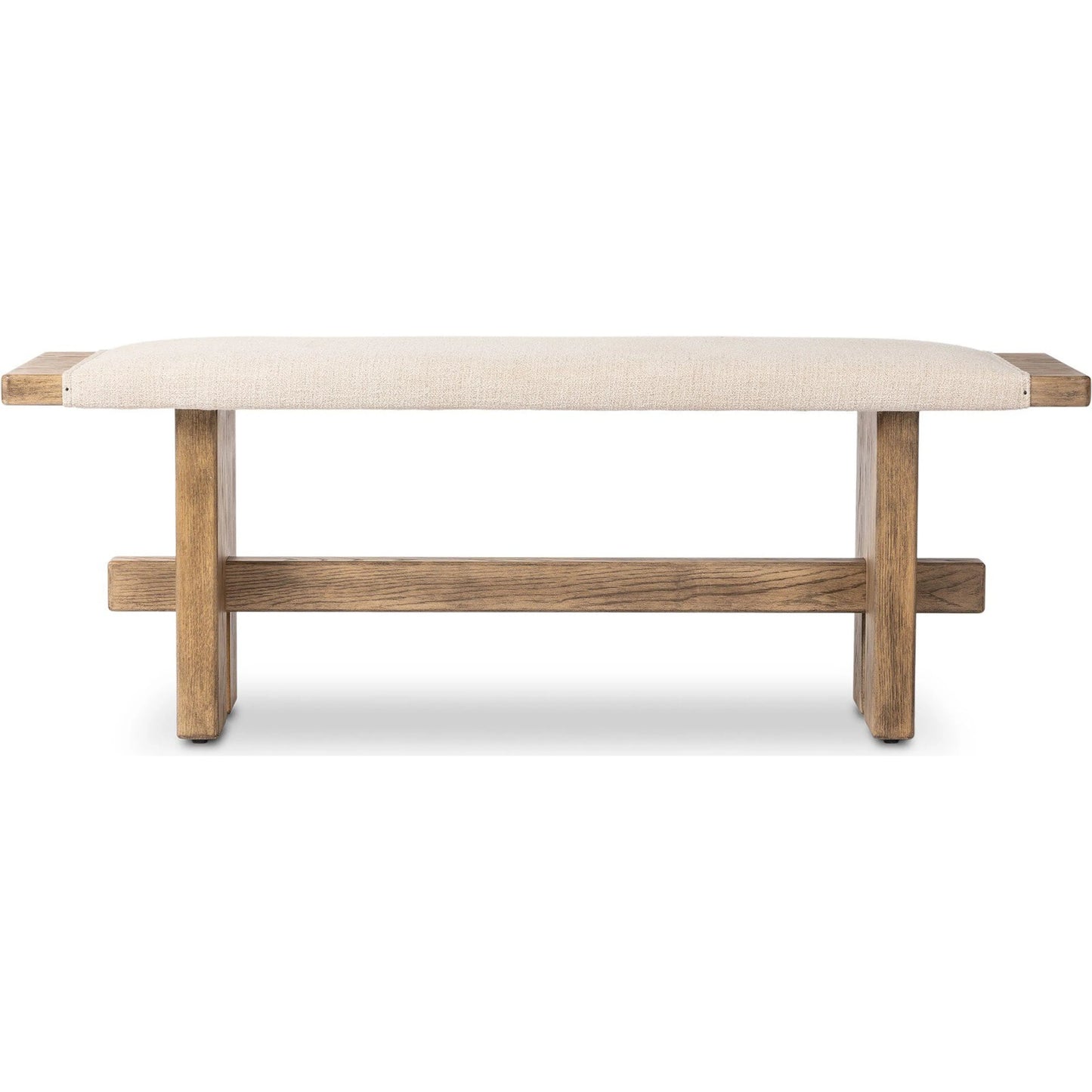 002 SI-2446634 | Additional Silo | Poe Accent Bench by Four Hands in hampton cream, distressed light oak veneer, black iron. Made from 97% polyester, 2% viscose (rayon), 1% flax/linen, oak veneer, iron in a transitional style.