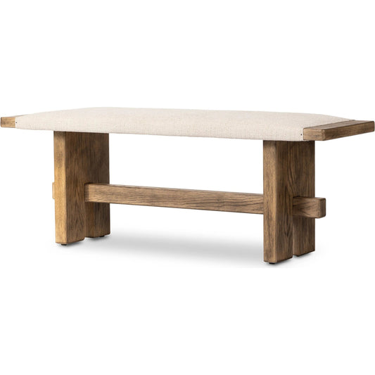 Poe Accent Bench by Four Hands in hampton cream, distressed light oak veneer, black iron. Made from 97% polyester, 2% viscose (rayon), 1% flax/linen, oak veneer, iron in a unique style.