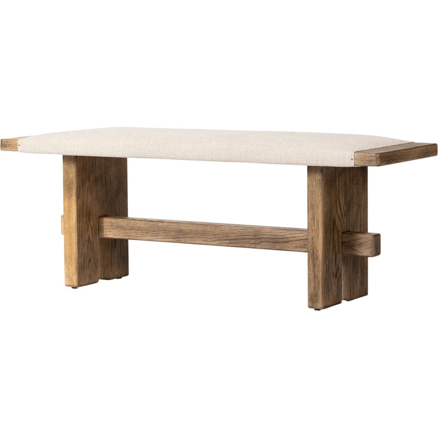 010 SI-2446634 | Primary Silo | Poe Accent Bench by Four Hands in hampton cream, distressed light oak veneer, black iron. Made from 97% polyester, 2% viscose (rayon), 1% flax/linen, oak veneer, iron in a transitional style.