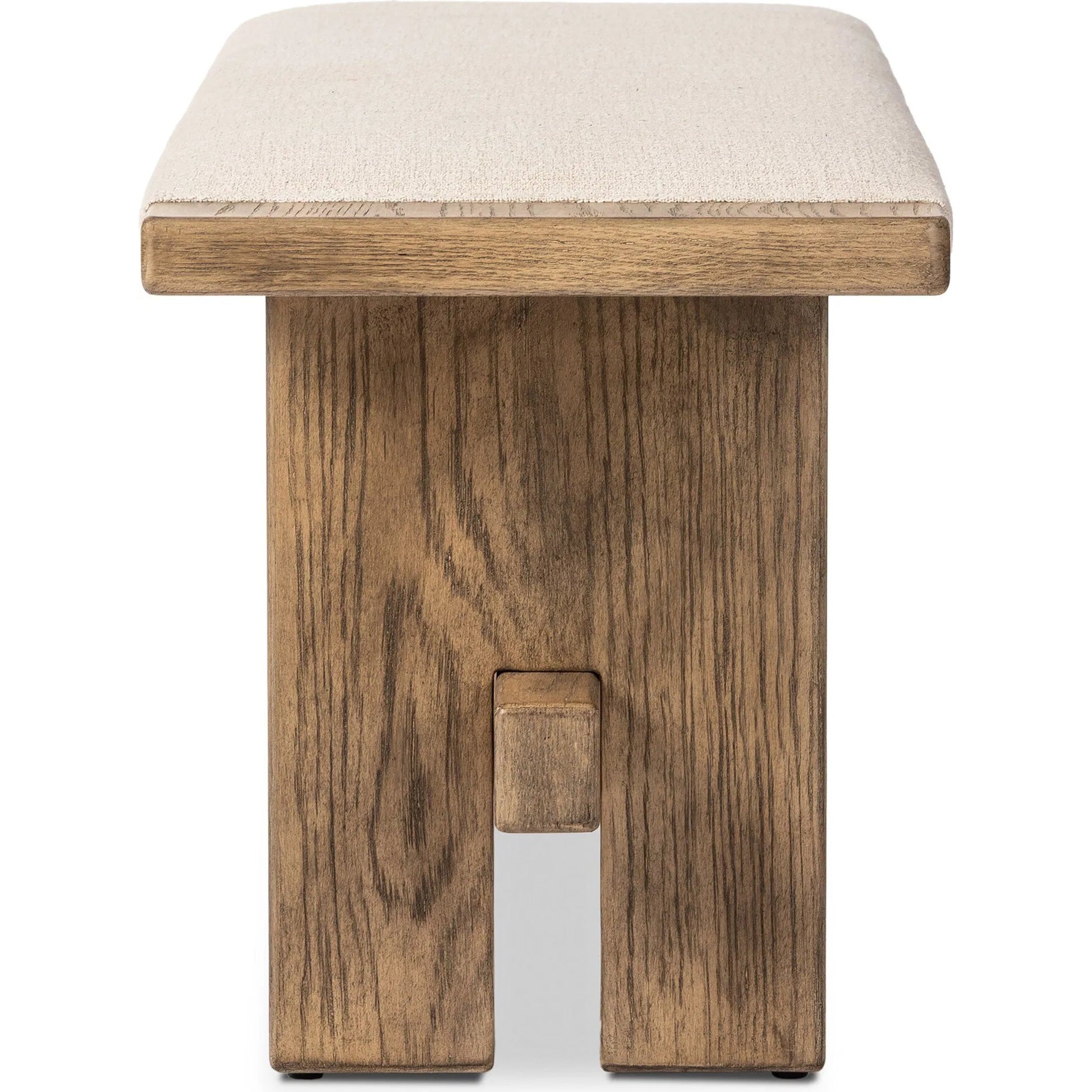 Poe Accent Bench by Four Hands in hampton cream, distressed light oak veneer, black iron. Made from 97% polyester, 2% viscose (rayon), 1% flax/linen, oak veneer, iron in a transitional style.