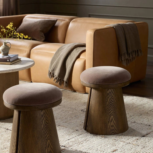 Bea Accent Stool by Four Hands in monte mushroom, antique walnut veneer. Made from 50% viscose, 50% wool, ash veneer, solid ash in a rustic style.