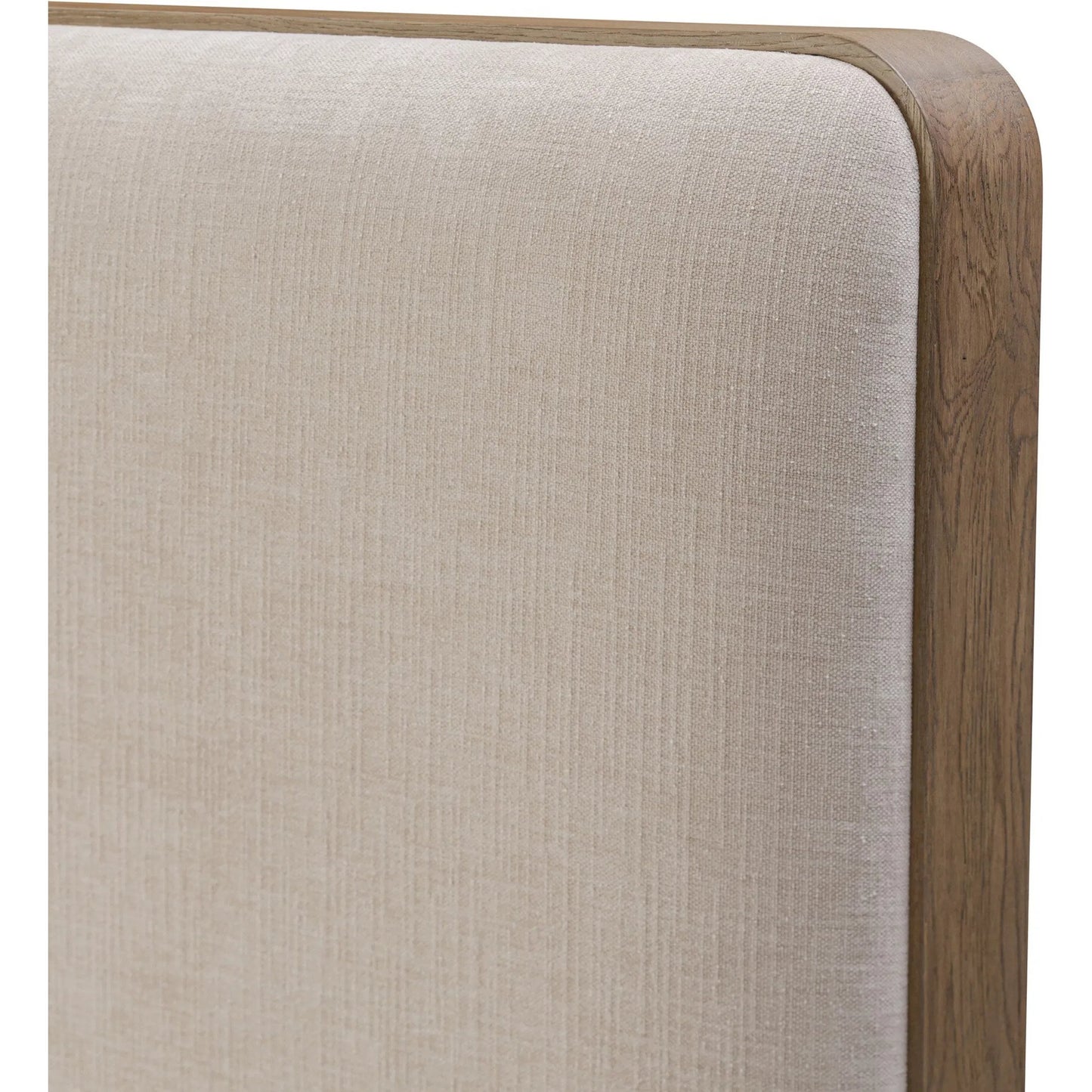 006 SI-2519265 | Closeup | Pierce Bed by Four Hands in holland sand, drifted oak. Made from 80% recycled polyester, 20% polyester, solid oak in a transitional style.