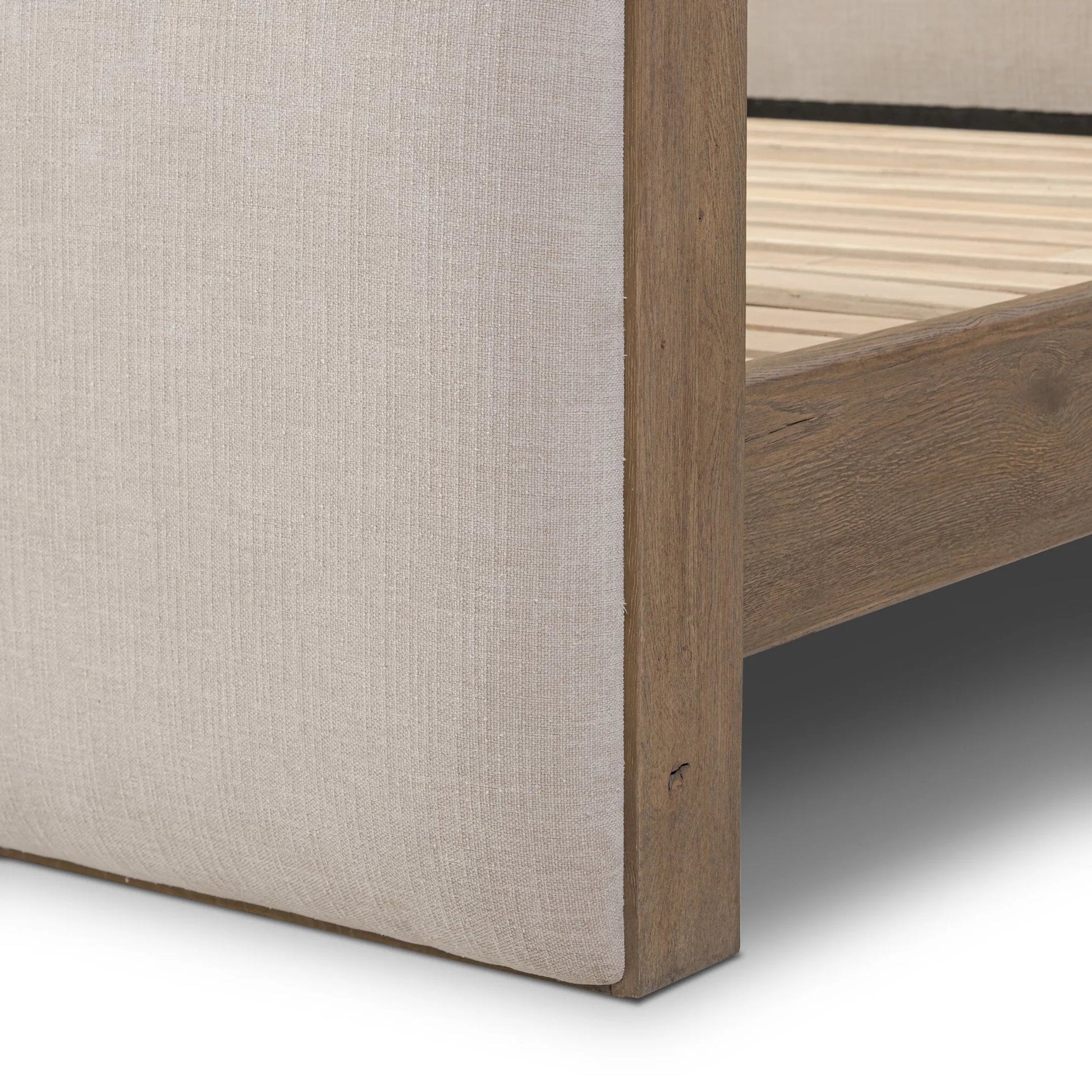 Pierce Bed by Four Hands in holland sand, drifted oak. Made from 80% recycled polyester, 20% polyester, solid oak in a transitional style.