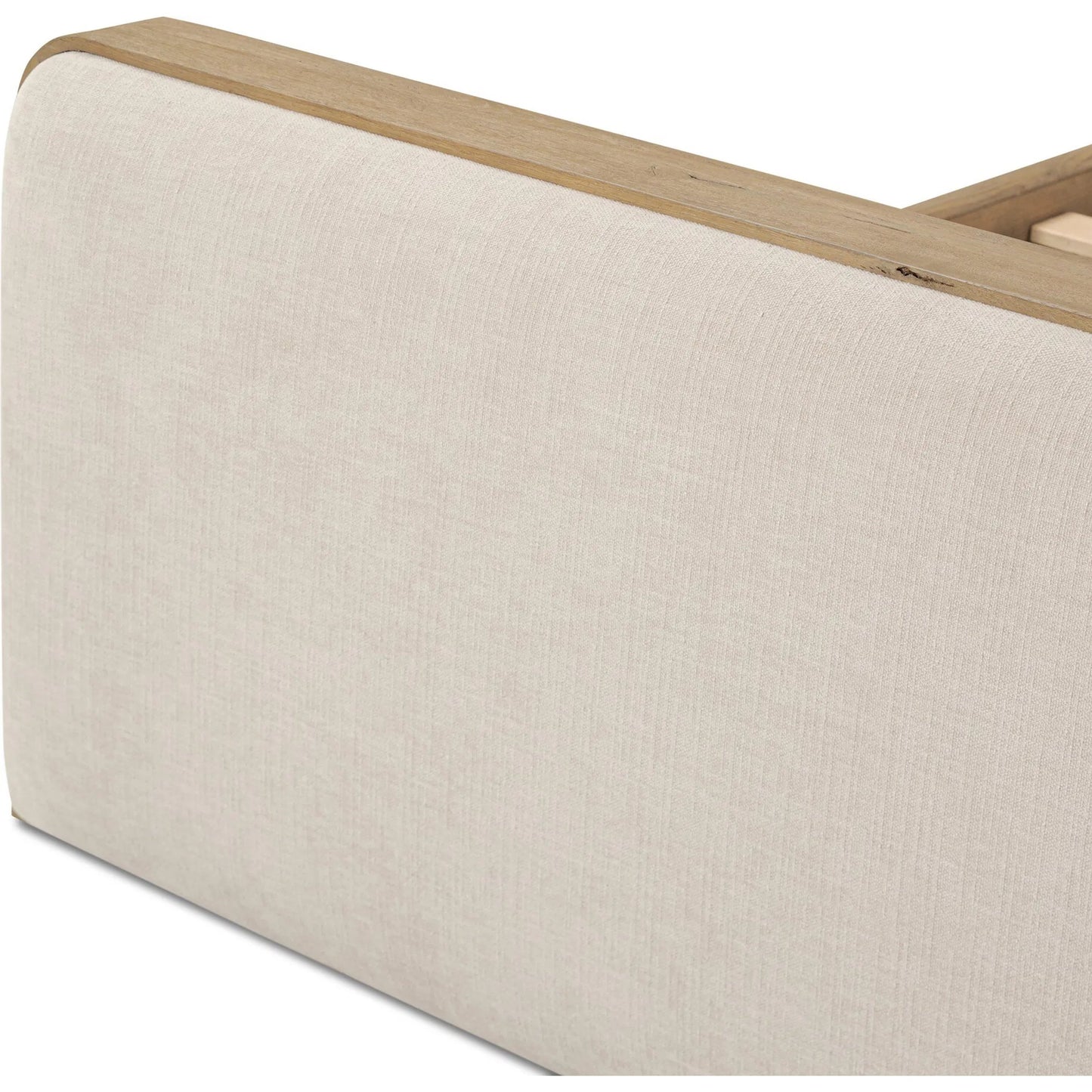 008 SI-2519265 | Closeup | Pierce Bed by Four Hands in holland sand, drifted oak. Made from 80% recycled polyester, 20% polyester, solid oak in a transitional style.