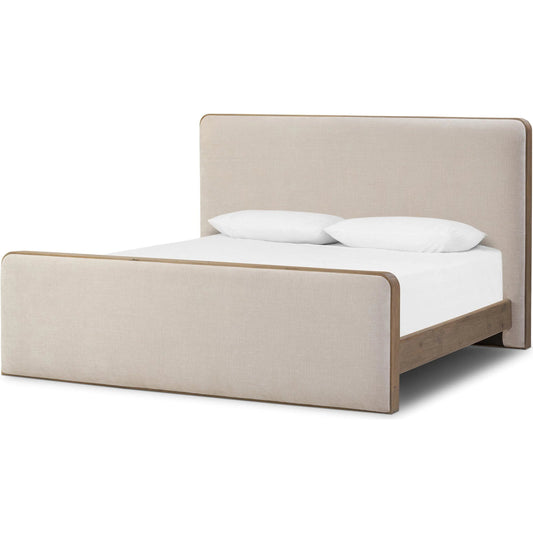 Pierce Bed by Four Hands in holland sand, drifted oak. Made from 80% recycled polyester, 20% polyester, solid oak in a transitional style.