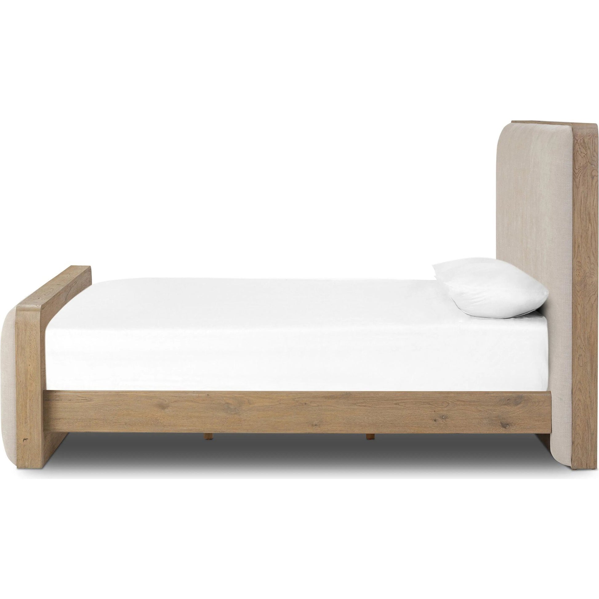 Pierce Bed by Four Hands in holland sand, drifted oak. Made from 80% recycled polyester, 20% polyester, solid oak in a transitional style.