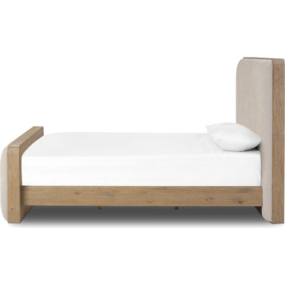 Pierce Bed by Four Hands in holland sand, drifted oak. Made from 80% recycled polyester, 20% polyester, solid oak in a transitional style.