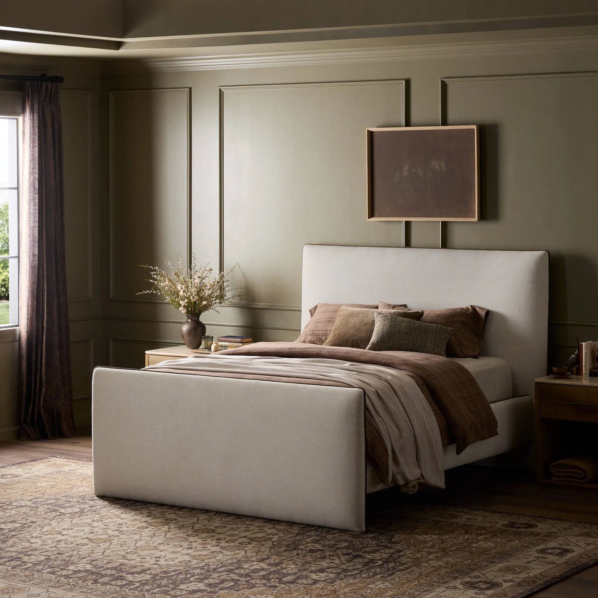 Cambria Bed by Four Hands in crypton nomad snow, crypton nomad mushroom. Made from 92% polyester, 8% flax/linen in a transitional style.