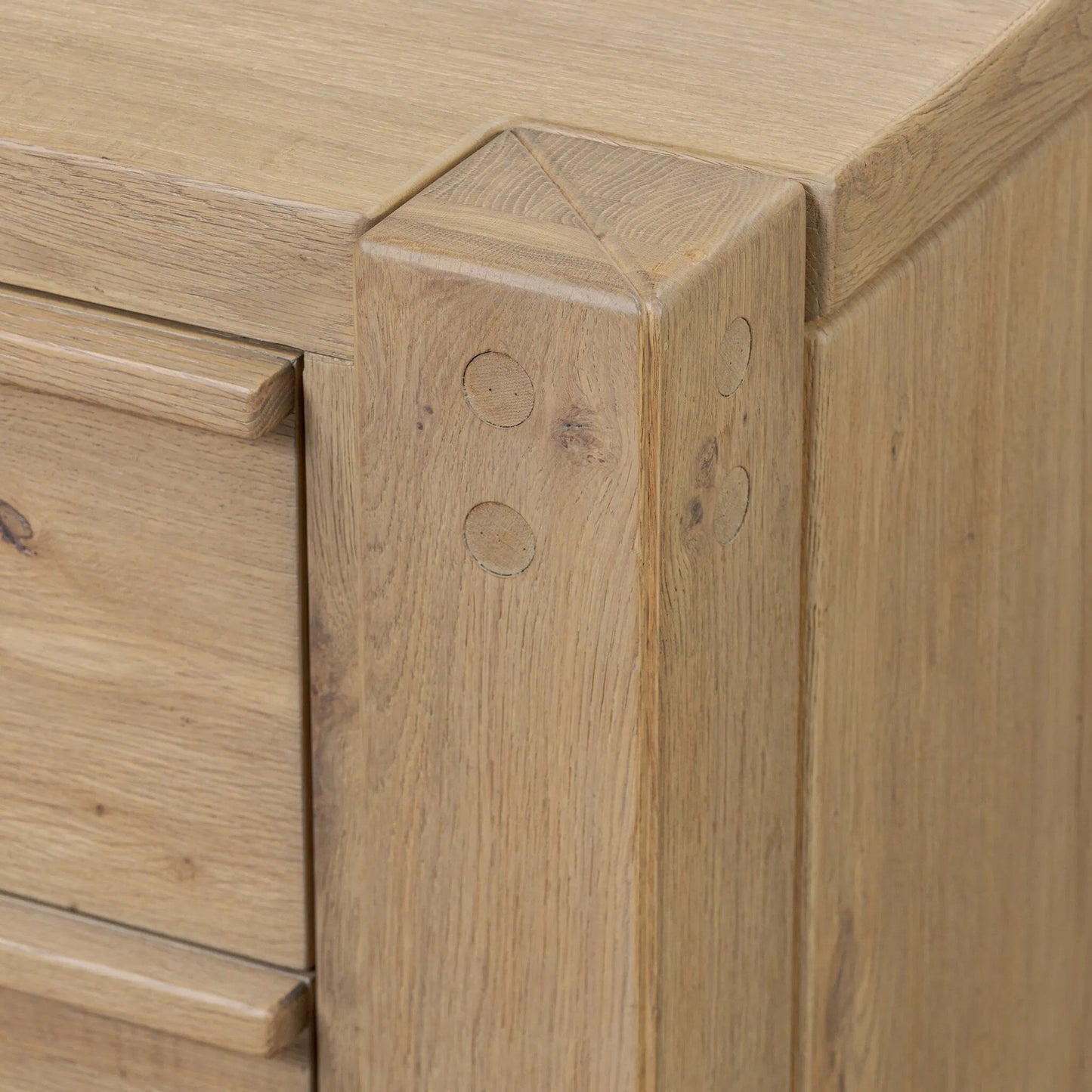 009 SI-2446547 | Closeup | Emmer Nightstand by Four Hands in aged smoked oak, aged smoked oak veneer. Made from solid oak, thick oak veneer in a transitional style.