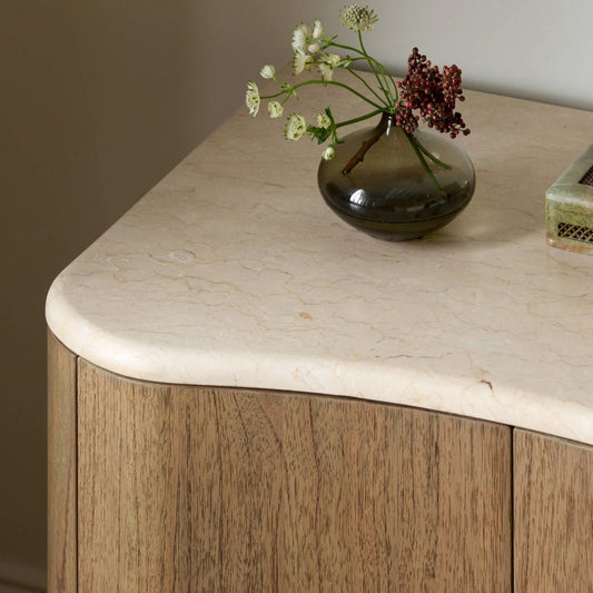 Boa Nightstand by Four Hands in cream marble, sandy mindi veneer. Made from solid marble, mindi veneer, solid mindi in a transitional style.