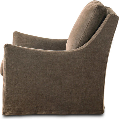 Monette Glider Swivel Chair by Four Hands in broadway coffee. Made from 100% flax/linen in a transitional style.