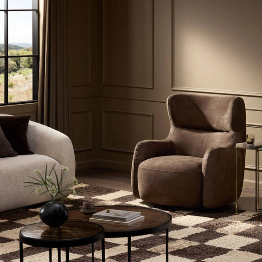 Mardell Swivel Chair by Four Hands in nubuck cigar. Made from top grain leather in a unique style.