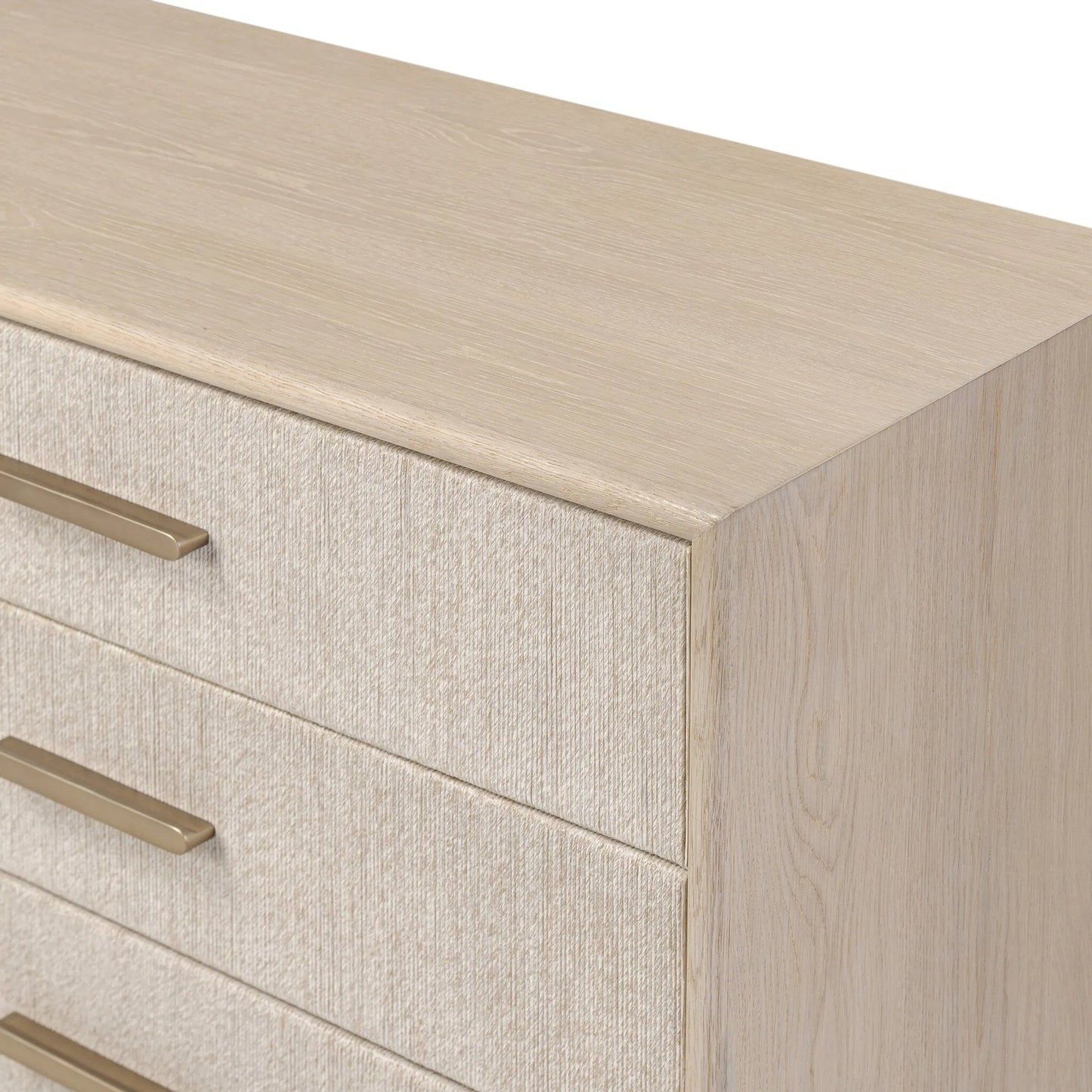 022 SI-2519288 | Closeup | Rosenell 6 Drawer Dresser by Four Hands in natural paper cord, natural oak veneer, natural oak solid. Made from rush, oak veneer, solid oak in a transitional style.