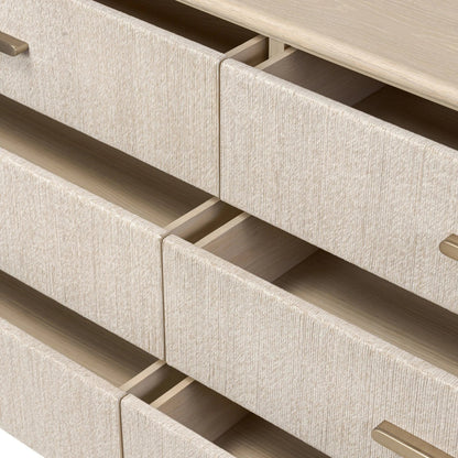 Rosenell 6 Drawer Dresser by Four Hands in natural paper cord, natural oak veneer, natural oak solid. Made from rush, oak veneer, solid oak in a transitional style.
