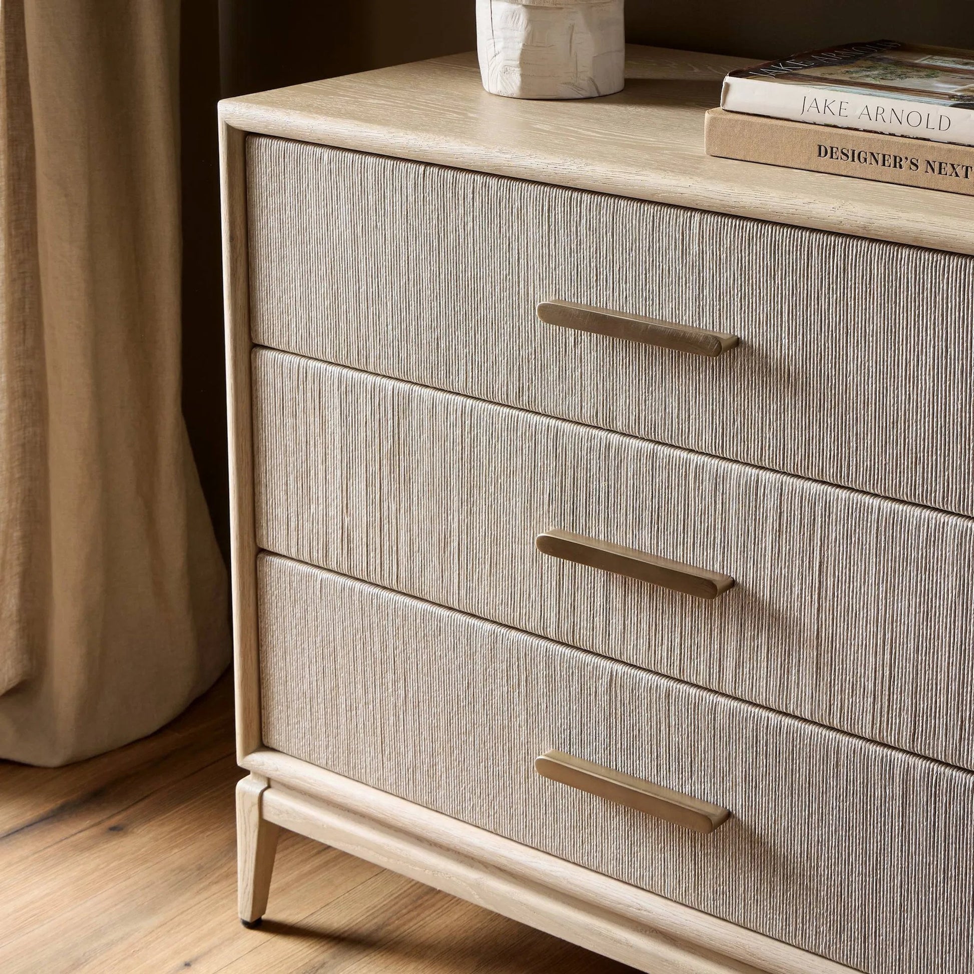 Rosenell 6 Drawer Dresser by Four Hands in natural paper cord, natural oak veneer, natural oak solid. Made from rush, oak veneer, solid oak in a transitional style.