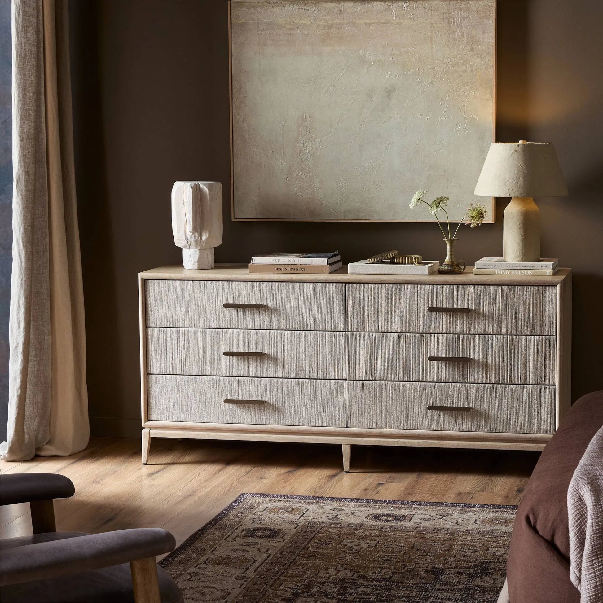 Rosenell 6 Drawer Dresser by Four Hands in natural paper cord, natural oak veneer, natural oak solid. Made from rush, oak veneer, solid oak in a transitional style.