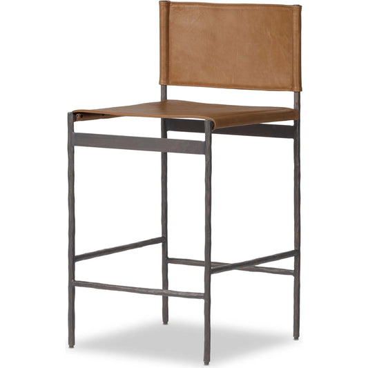 Marlon Bar Stool by Four Hands in sonoma butterscotch, hammered black. Made from top grain leather, iron in a unique style.