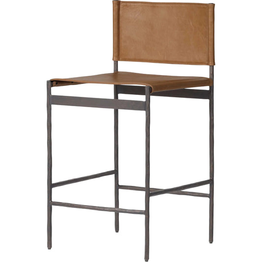 Marlon Bar Stool by Four Hands in sonoma butterscotch, hammered black. Made from top grain leather, iron in a traditional style.