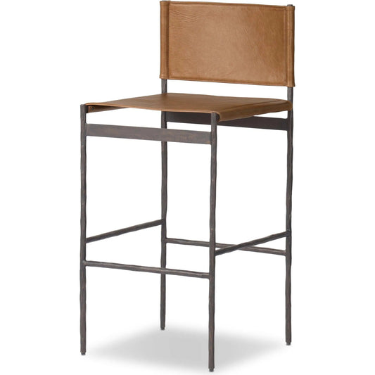 Marlon Counter Stool by Four Hands in sonoma butterscotch, hammered black. Made from top grain leather, iron in a unique style.
