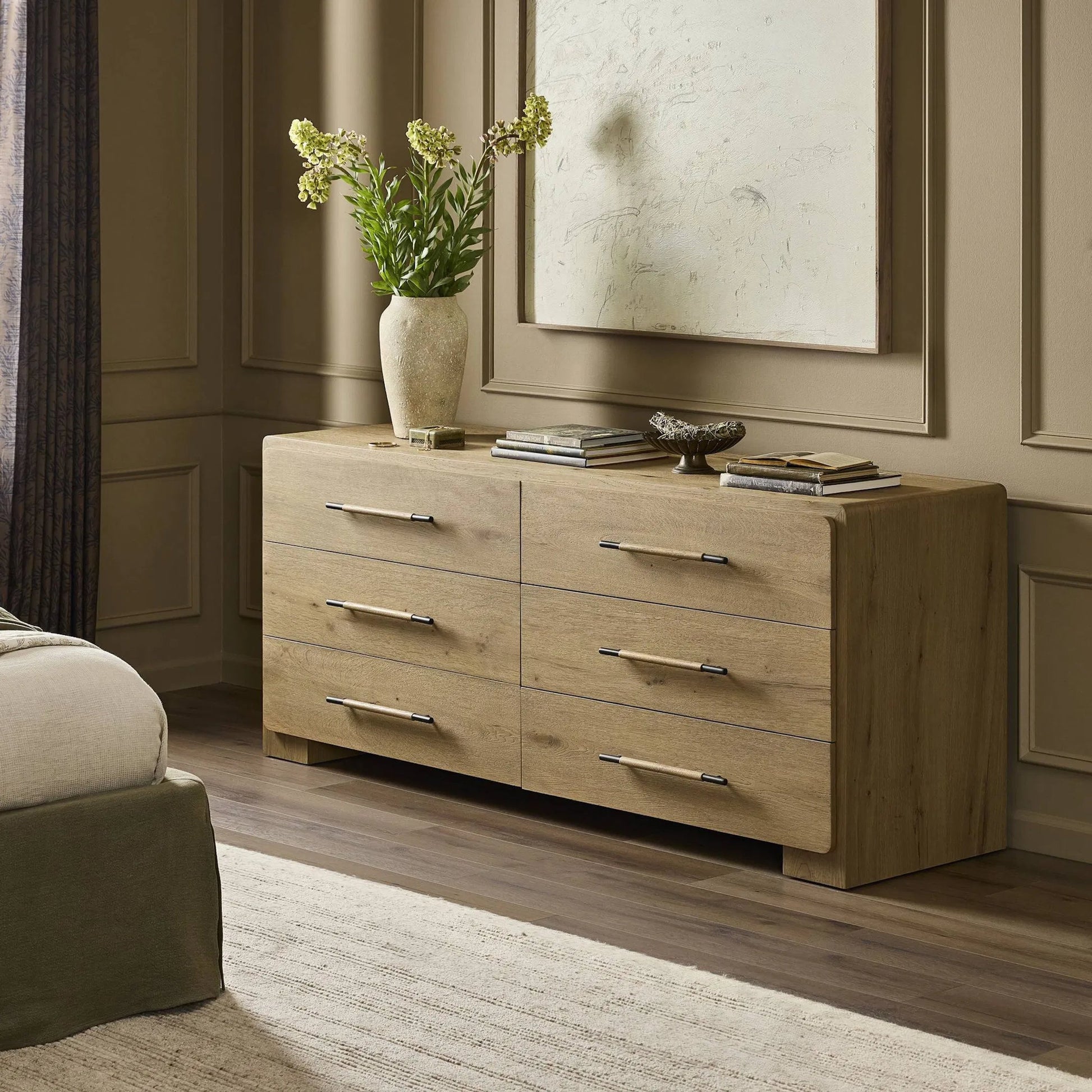 Eden 6 Drawer Dresser by Four Hands in aged smoked oak veneer. Made from thick oak veneer in a transitional style.