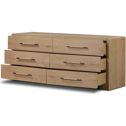 Eden 6 Drawer Dresser by Four Hands in aged smoked oak veneer. Made from thick oak veneer in a transitional style.