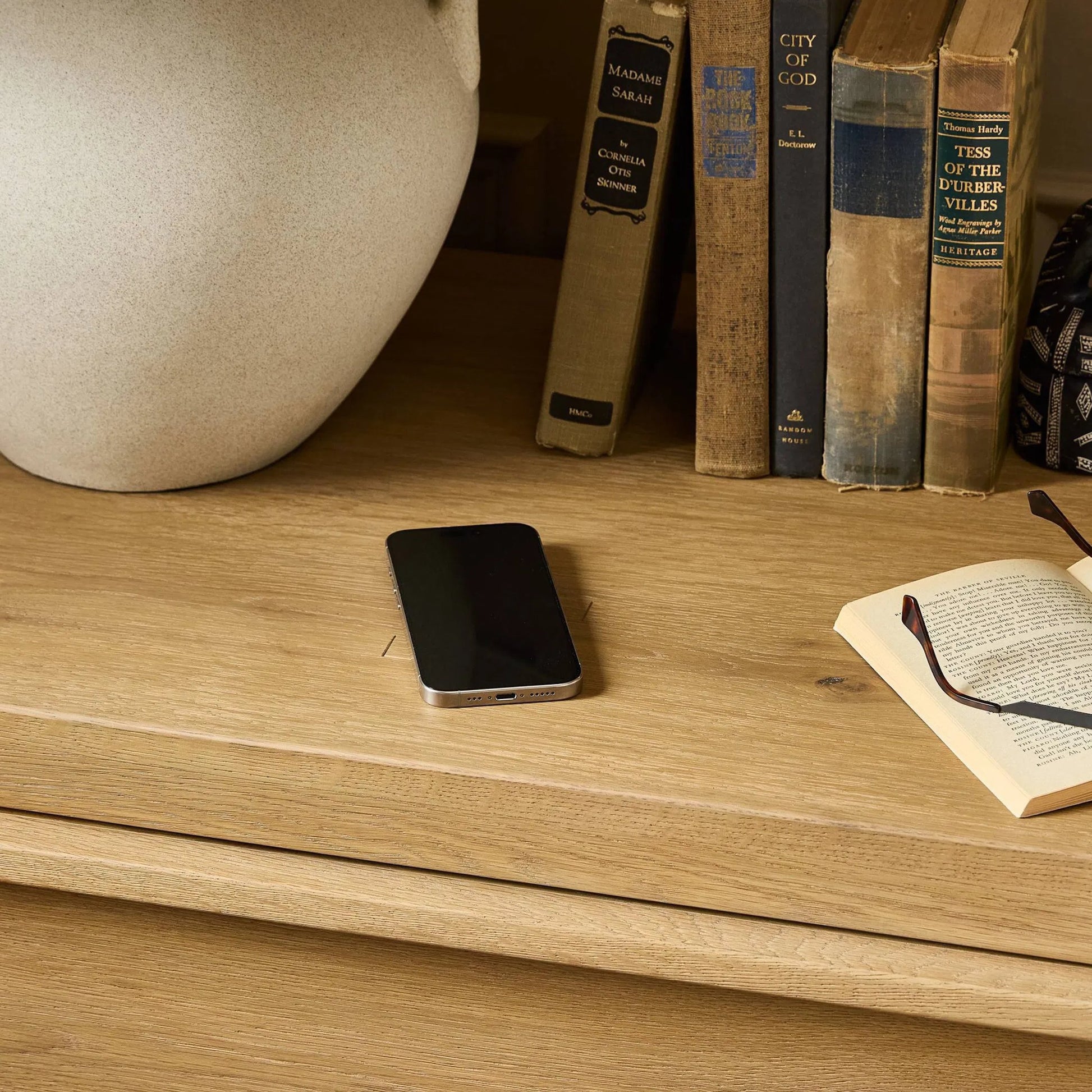 Emmer Nightstand by Four Hands in aged smoked oak, aged smoked oak veneer. Made from solid oak, thick oak veneer in a transitional style.