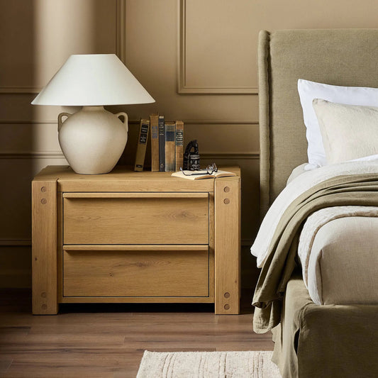 Emmer Nightstand by Four Hands in aged smoked oak, aged smoked oak veneer. Made from solid oak, thick oak veneer in a unique style.