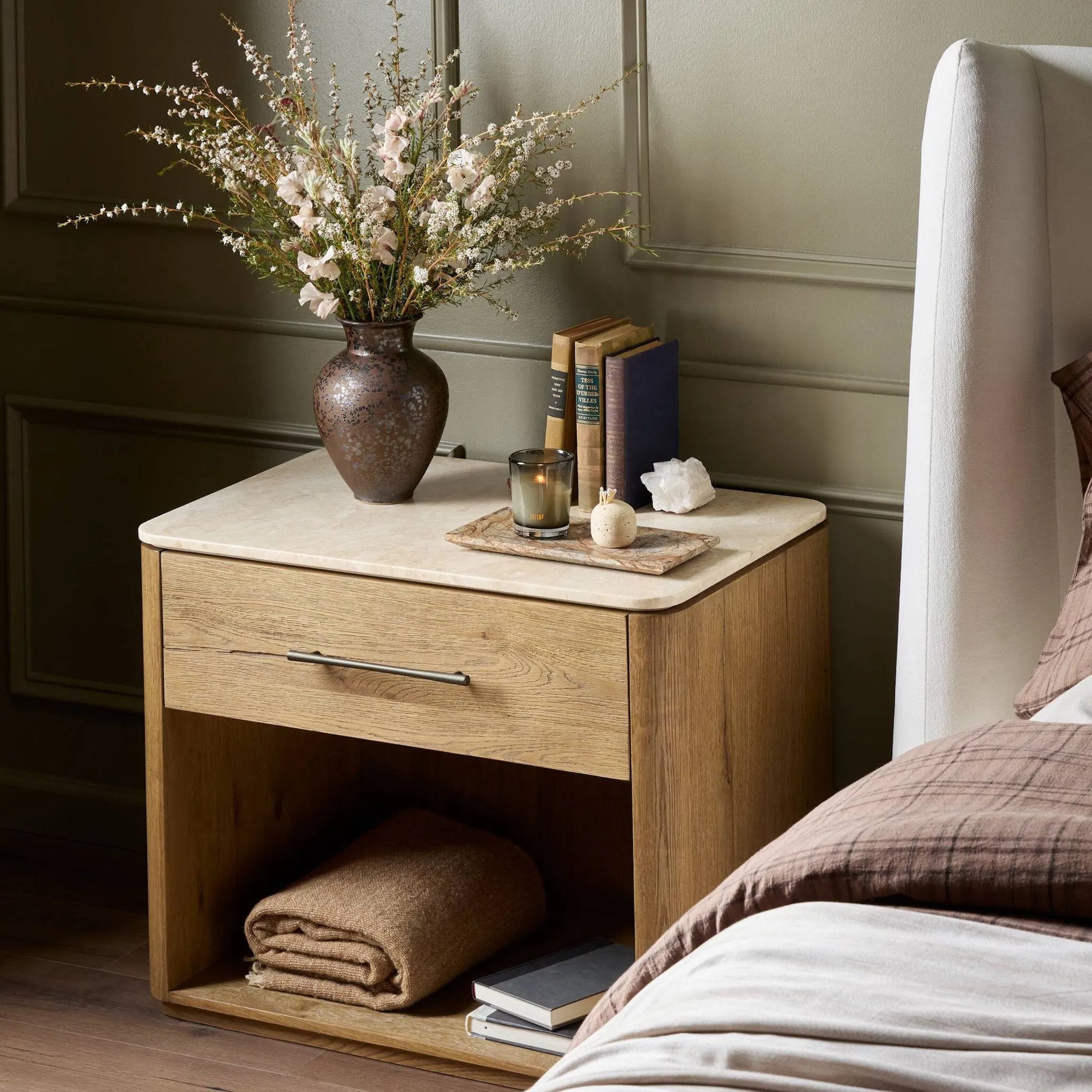 Raleigh Nightstand by Four Hands in cappuccino marble, worn oak veneer. Made from solid marble, thick oak veneer in a transitional style.