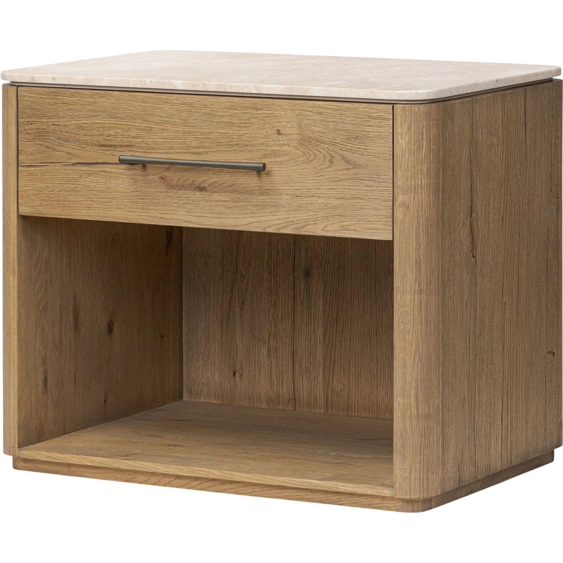 Raleigh Nightstand by Four Hands in cappuccino marble, worn oak veneer. Made from solid marble, thick oak veneer in a transitional style.