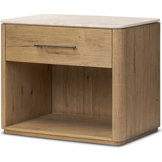Raleigh Nightstand by Four Hands in cappuccino marble, worn oak veneer. Made from solid marble, thick oak veneer in a transitional style.