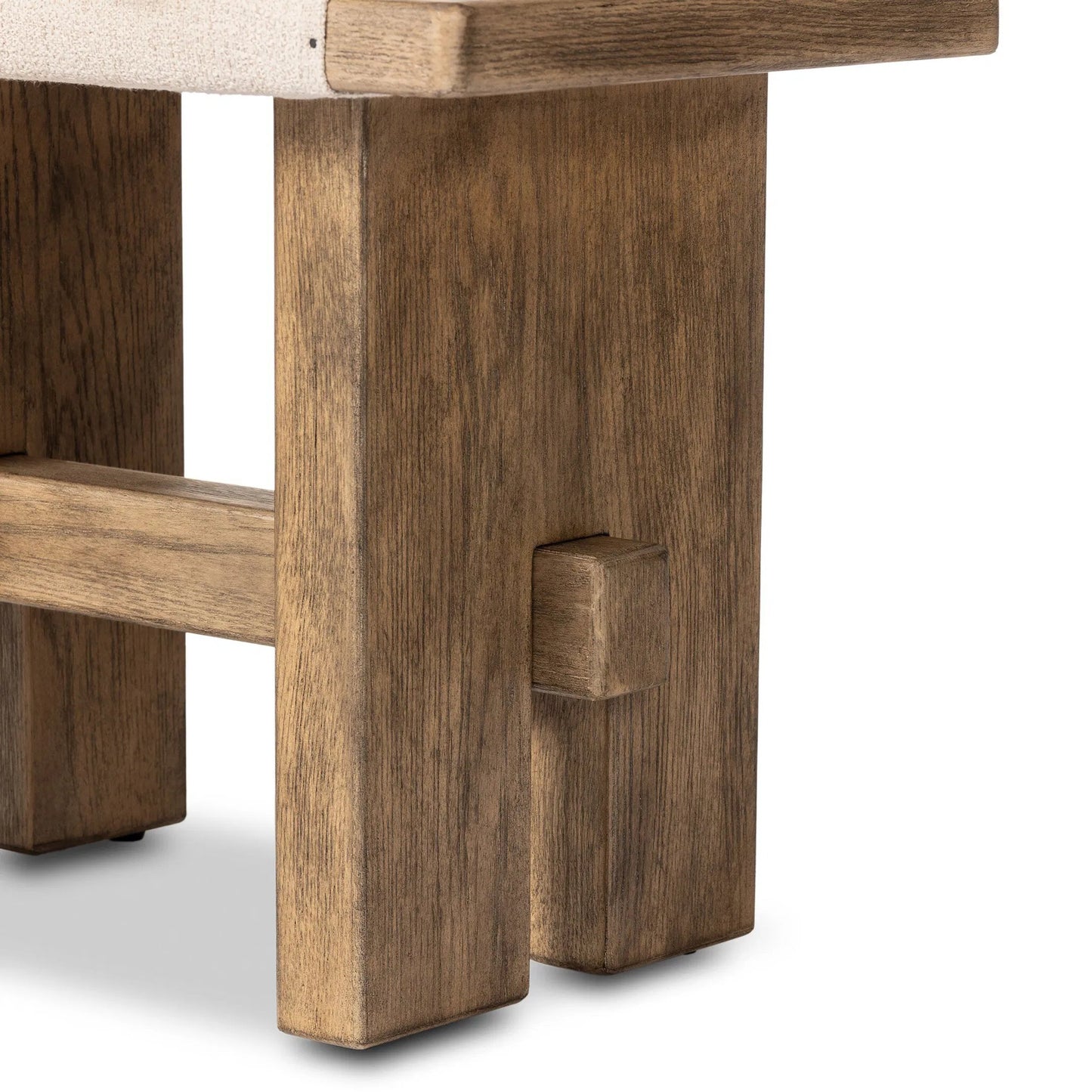 005 SI-2446635 | Closeup | Poe Accent Stool by Four Hands in hampton cream, distressed light oak veneer, black iron. Made from 97% polyester, 2% viscose (rayon), 1% flax/linen, oak veneer, iron in a transitional style.