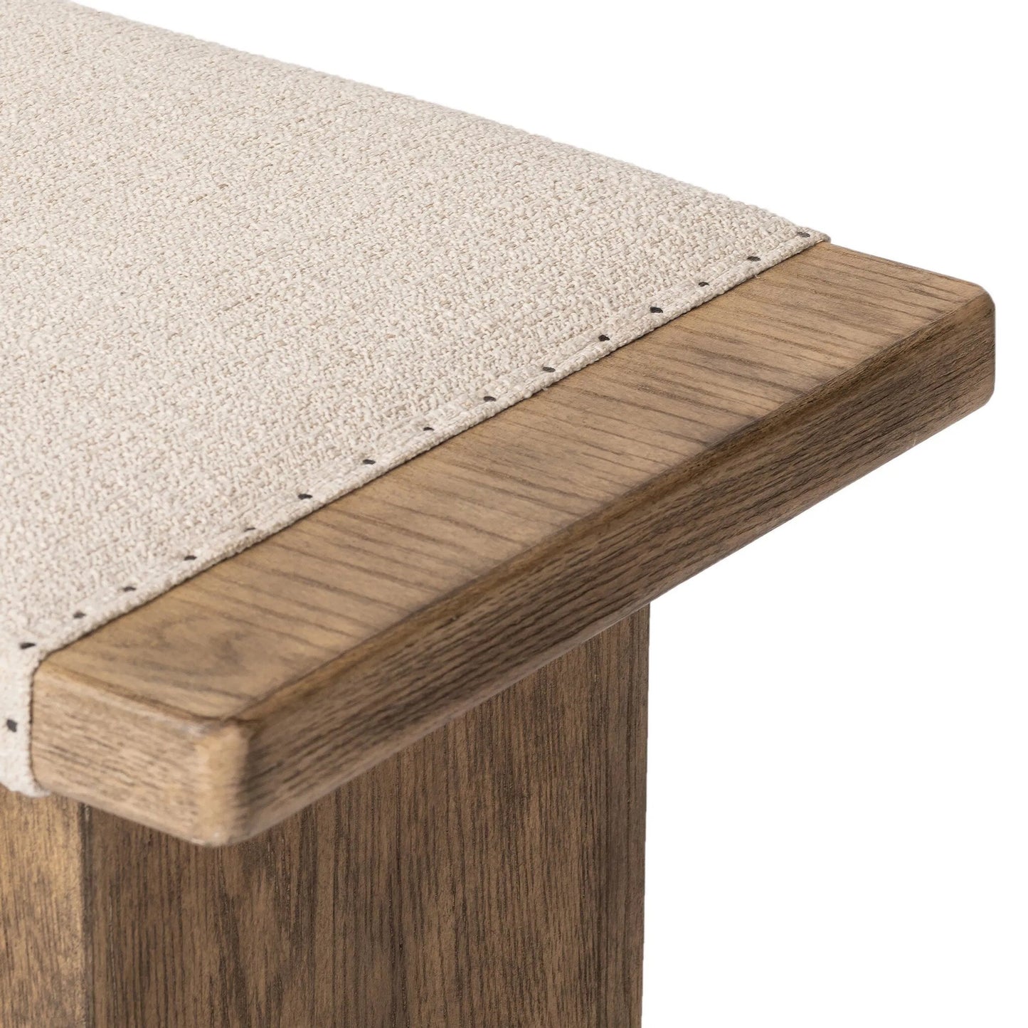006 SI-2446635 | Closeup | Poe Accent Stool by Four Hands in hampton cream, distressed light oak veneer, black iron. Made from 97% polyester, 2% viscose (rayon), 1% flax/linen, oak veneer, iron in a transitional style.