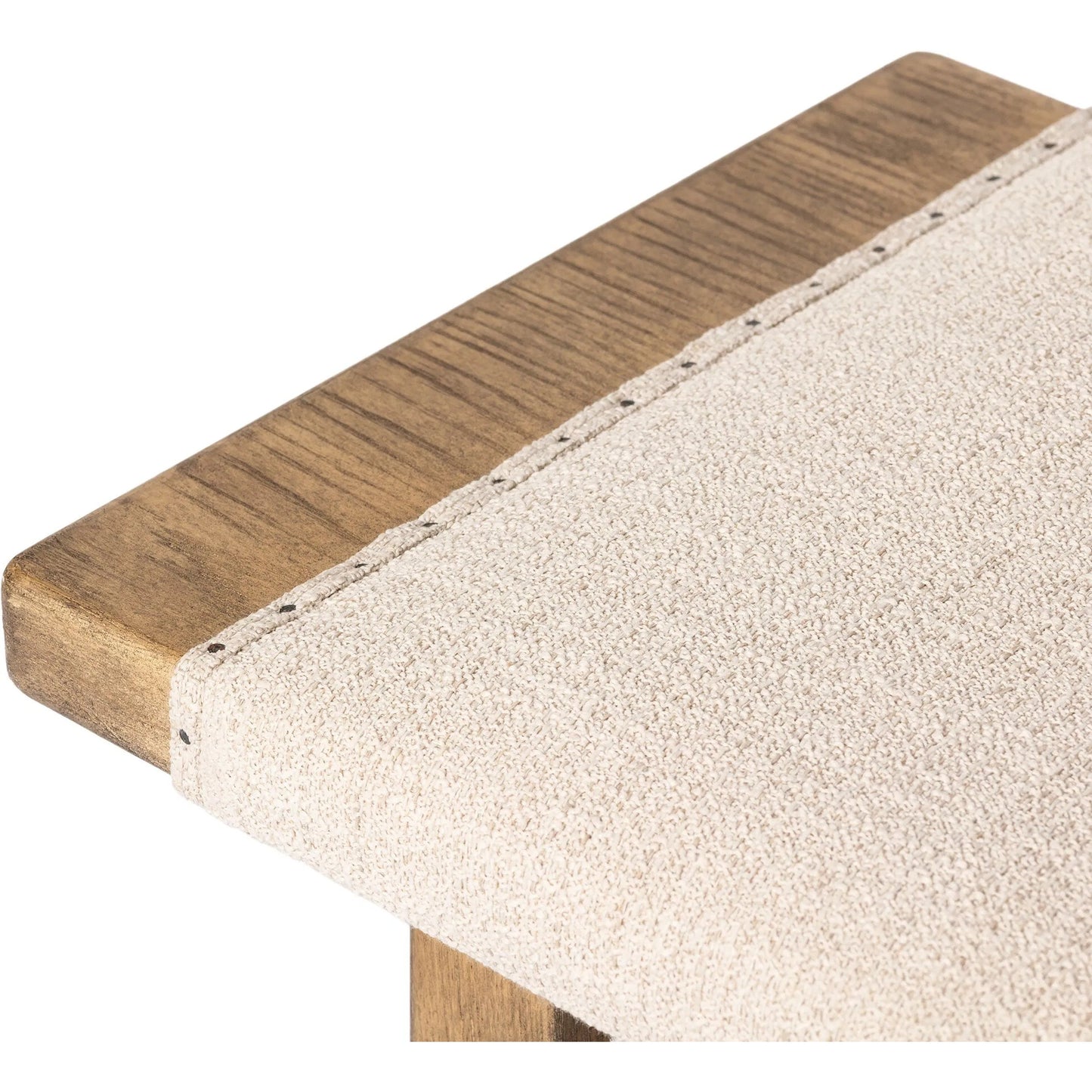 007 SI-2446635 | Closeup | Poe Accent Stool by Four Hands in hampton cream, distressed light oak veneer, black iron. Made from 97% polyester, 2% viscose (rayon), 1% flax/linen, oak veneer, iron in a transitional style.