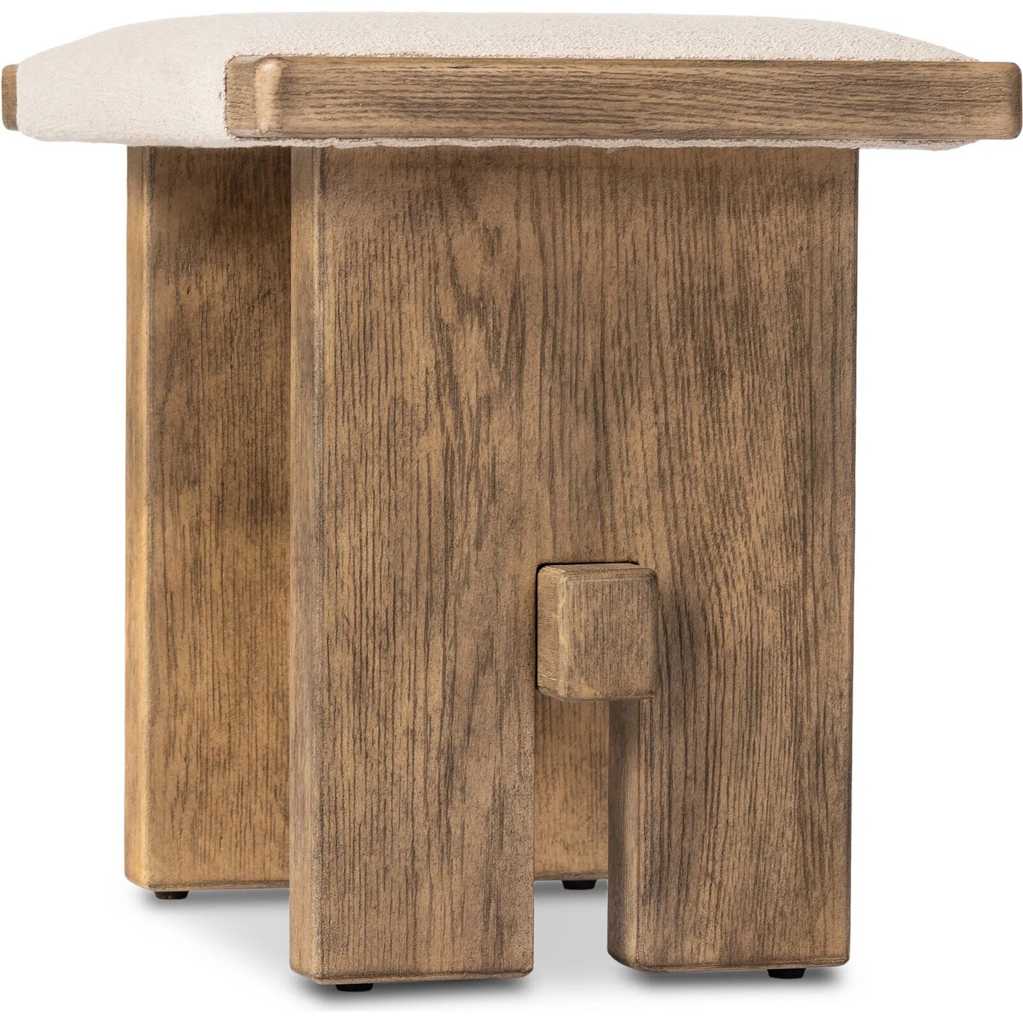 008 SI-2446635 | Closeup | Poe Accent Stool by Four Hands in hampton cream, distressed light oak veneer, black iron. Made from 97% polyester, 2% viscose (rayon), 1% flax/linen, oak veneer, iron in a transitional style.