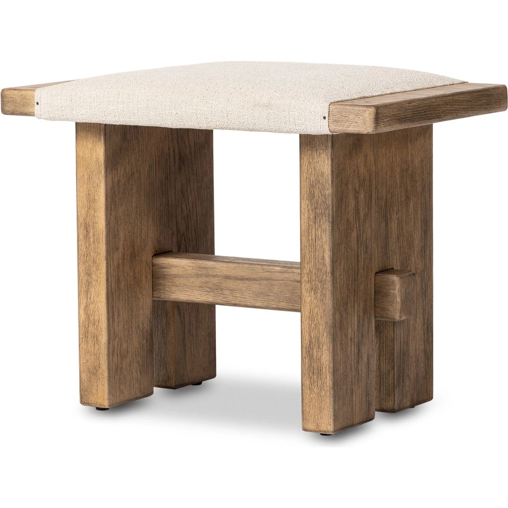 Poe Accent Stool by Four Hands in hampton cream, distressed light oak veneer, black iron. Made from 97% polyester, 2% viscose (rayon), 1% flax/linen, oak veneer, iron in a transitional style.