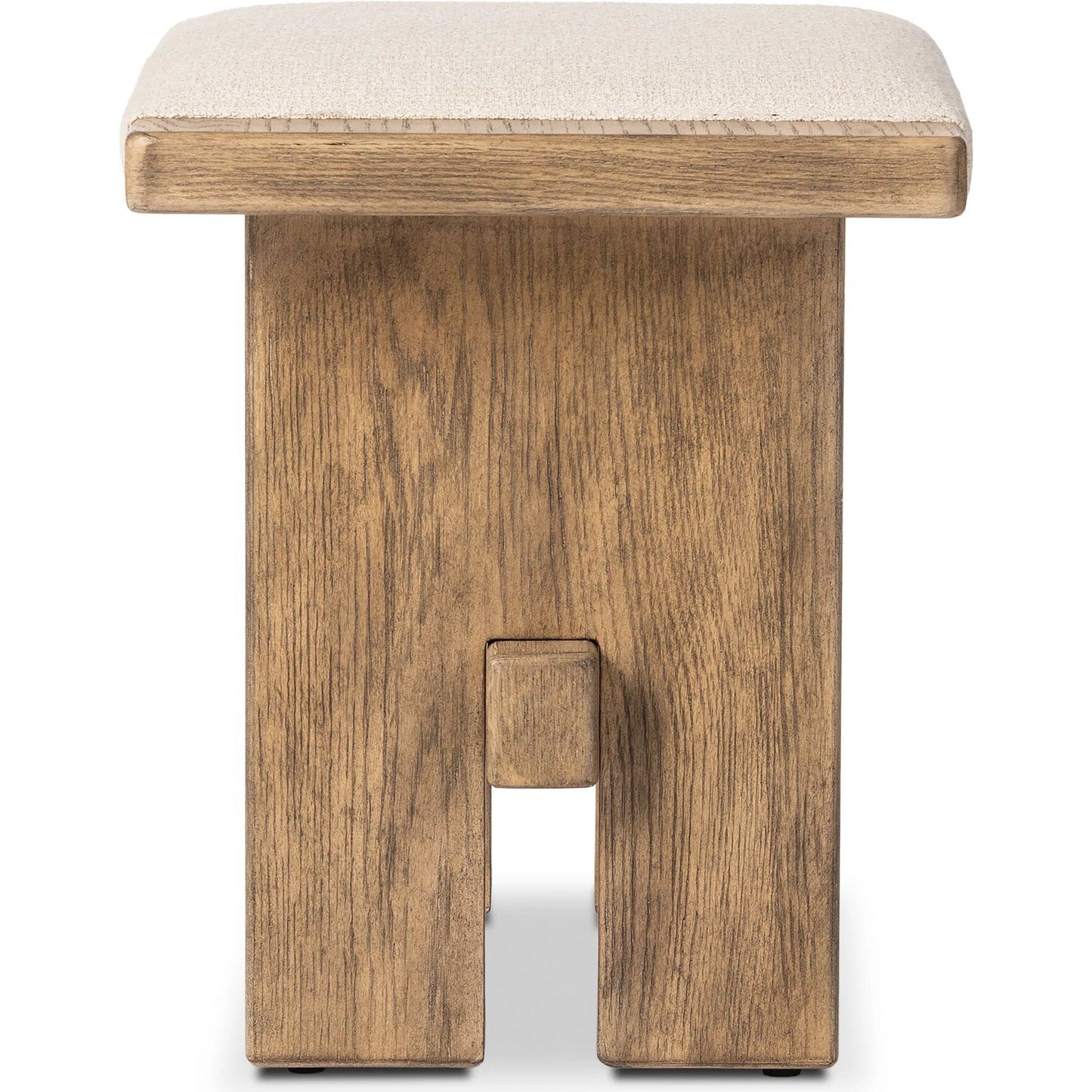 003 SI-2446635 | Additional Silo | Poe Accent Stool by Four Hands in hampton cream, distressed light oak veneer, black iron. Made from 97% polyester, 2% viscose (rayon), 1% flax/linen, oak veneer, iron in a transitional style.