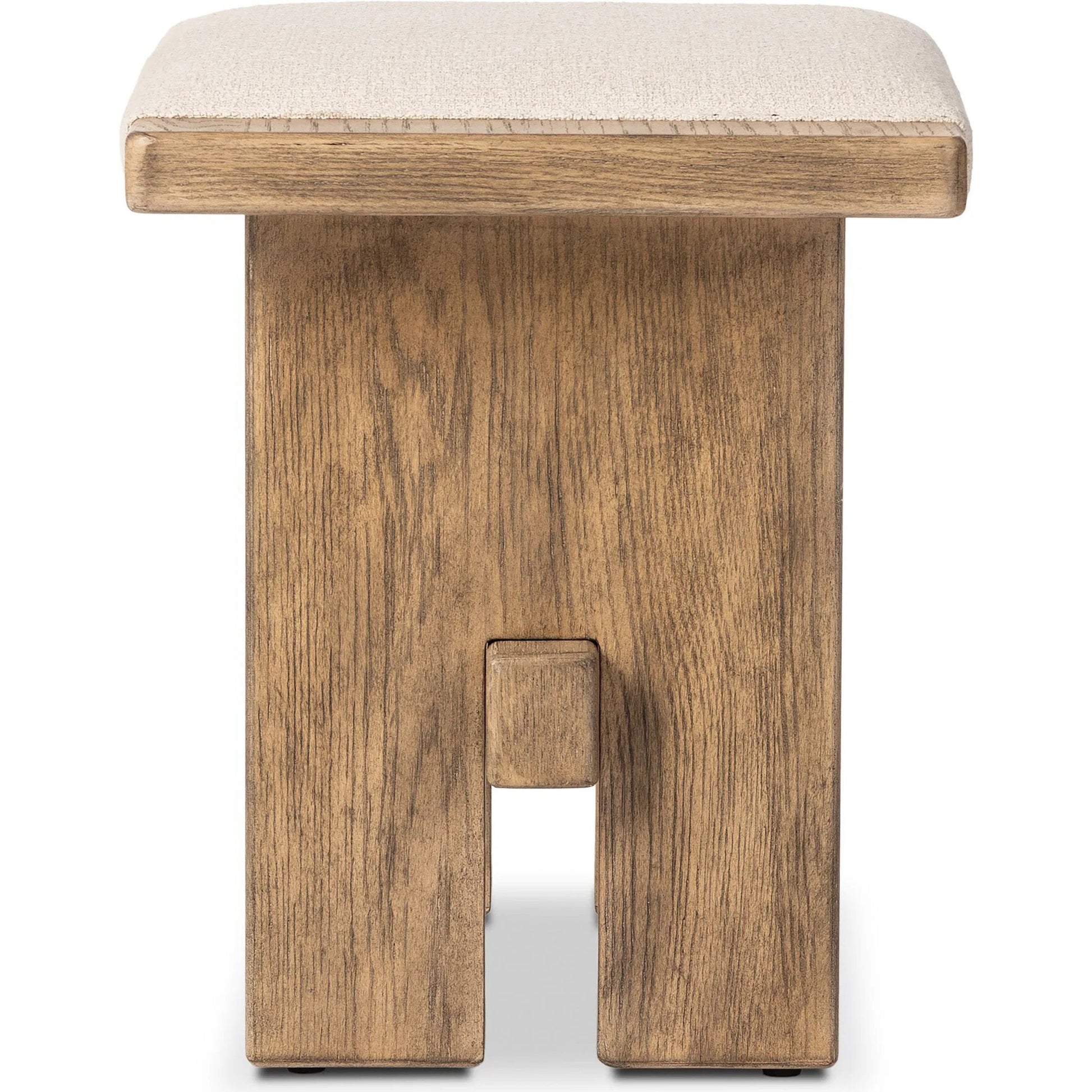 Poe Accent Stool by Four Hands in hampton cream, distressed light oak veneer, black iron. Made from 97% polyester, 2% viscose (rayon), 1% flax/linen, oak veneer, iron in a transitional style.