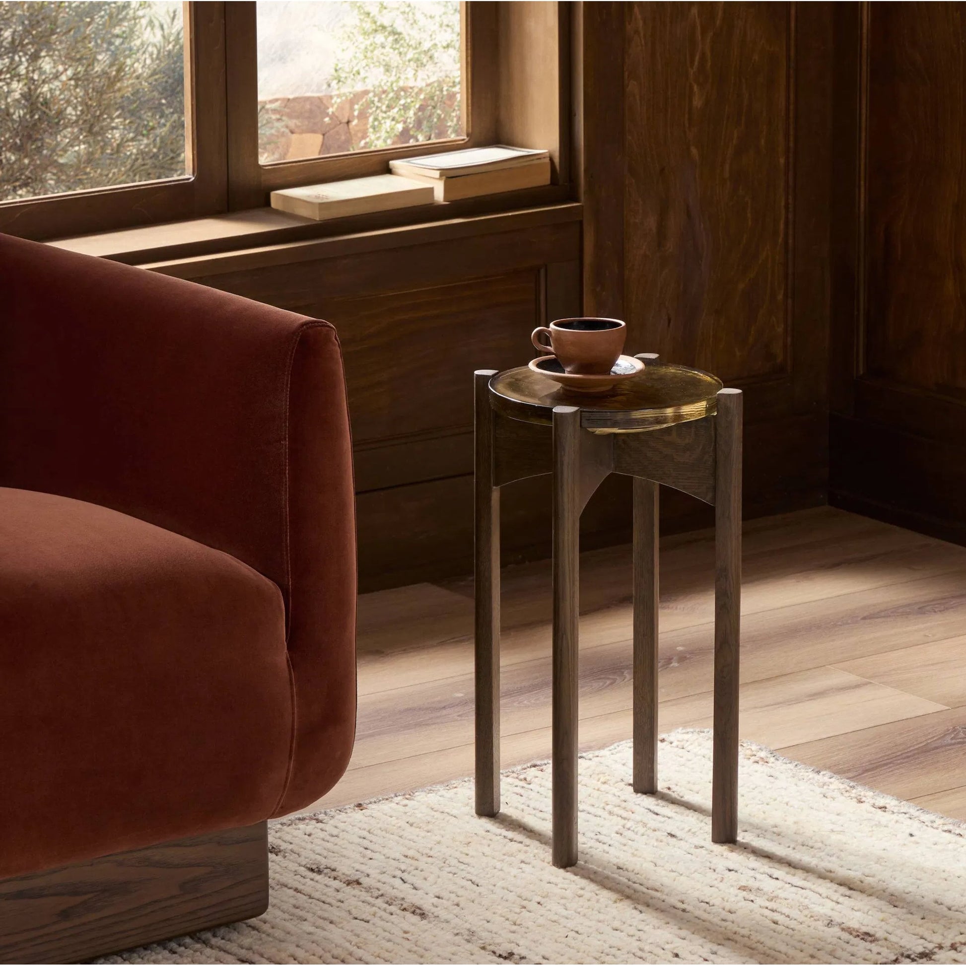 Relo End Table by Four Hands. Made from cast glass, solid oak in a modern style.