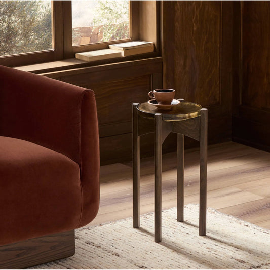 Relo End Table by Four Hands in olive cast glass, grey tobacco oak. Made from cast glass, solid oak in a unique style.