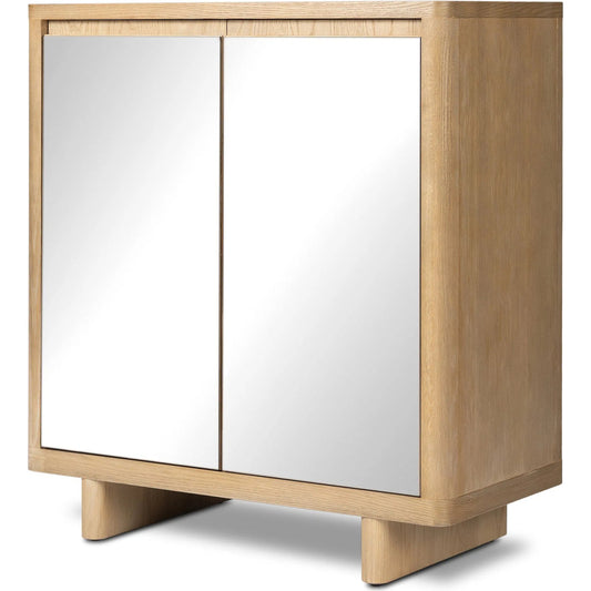 Reneen Bar Cabinet by Four Hands in blonde oak, blonde oak veneer, warm grey mirror. Made from solid oak, oak veneer, mirror in a unique style.