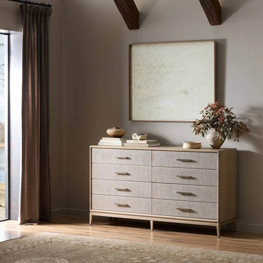 Rosenell 8 Drawer Dresser by Four Hands in natural paper cord, natural oak veneer, natural oak solid. Made from rush, oak veneer, solid oak in a transitional style.