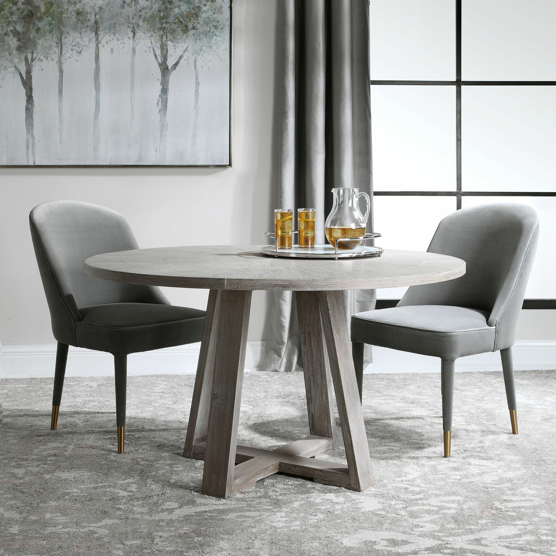 Gidran Dining Table by Uttermost in gray. Made from elm, oak, oak veneer, plywood, iron in a coastal style.