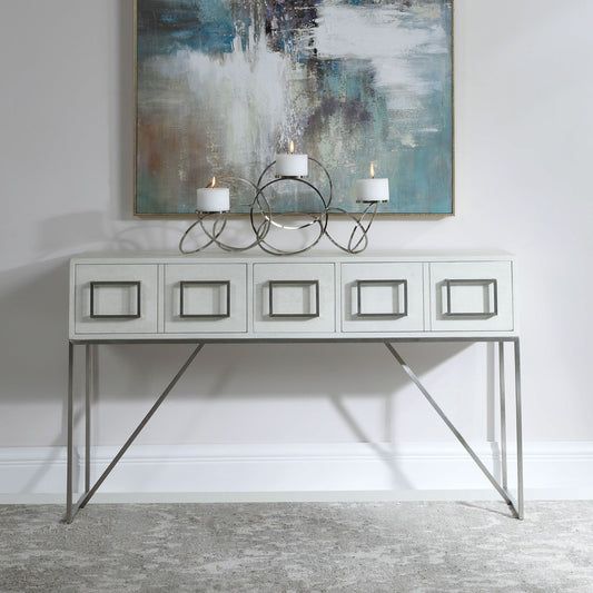 Abaya Console Table by Uttermost in white. Made from mdf, stainless steel, oak veneer in a modern style.