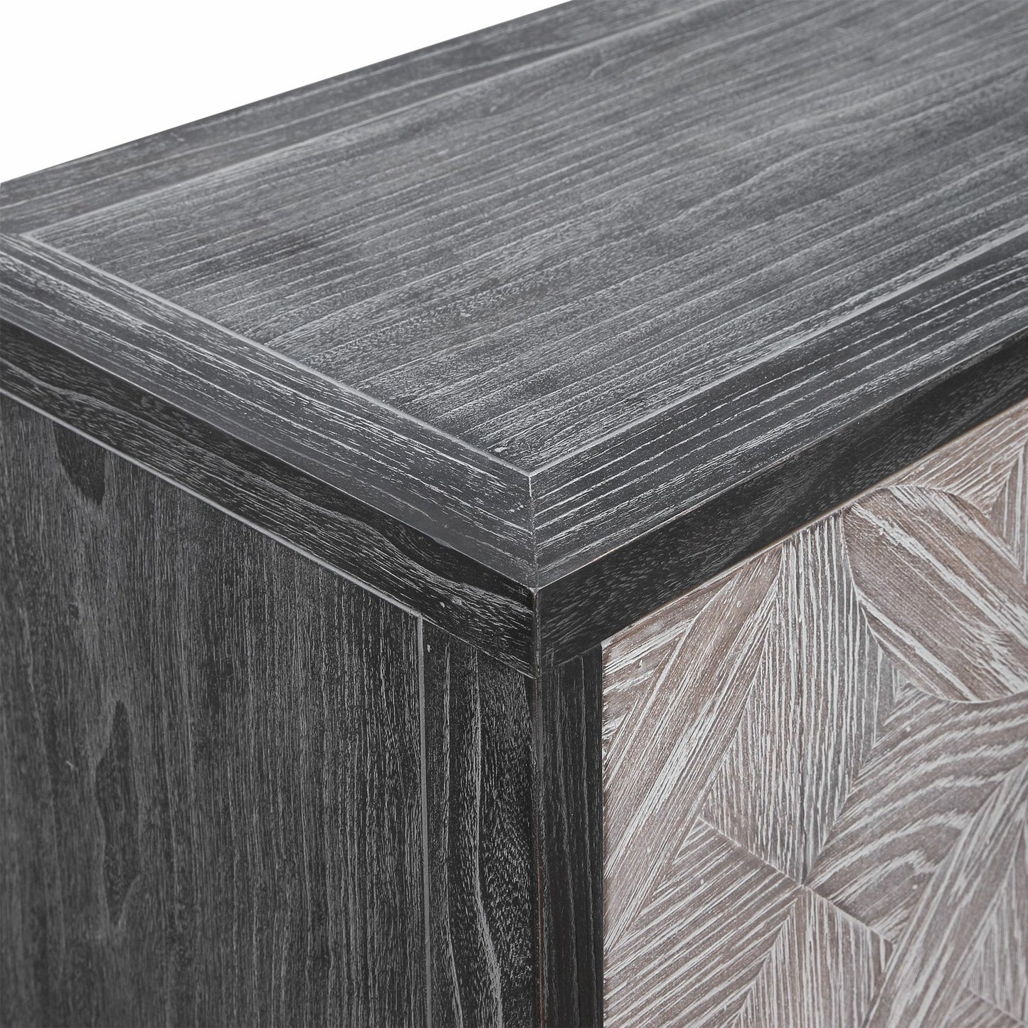 003 SR-801647 | Closeup | Laurentia Accent Cabinet by Uttermost. Made from elm, elm (venner), oak (venner), iron, plywood in a modern style.