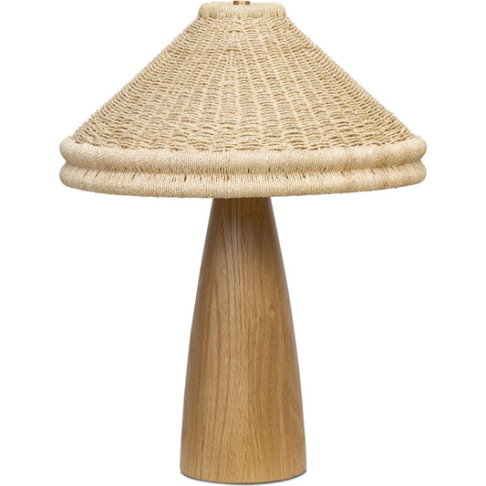 Canela Table Lamp by Four Hands in light oak, light raffia, aged brass. Made from solid oak, palm leaf, brass in a unique style.