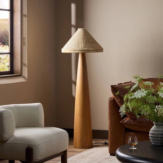 Canela Floor Lamp by Four Hands in light oak, light raffia, aged brass. Made from solid oak, palm leaf, brass in a rustic style.