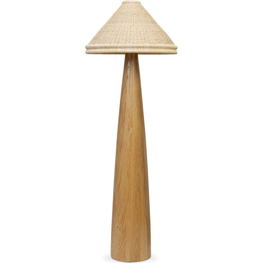 Canela Floor Lamp by Four Hands in light oak, light raffia, aged brass. Made from solid oak, palm leaf, brass in a rustic style.